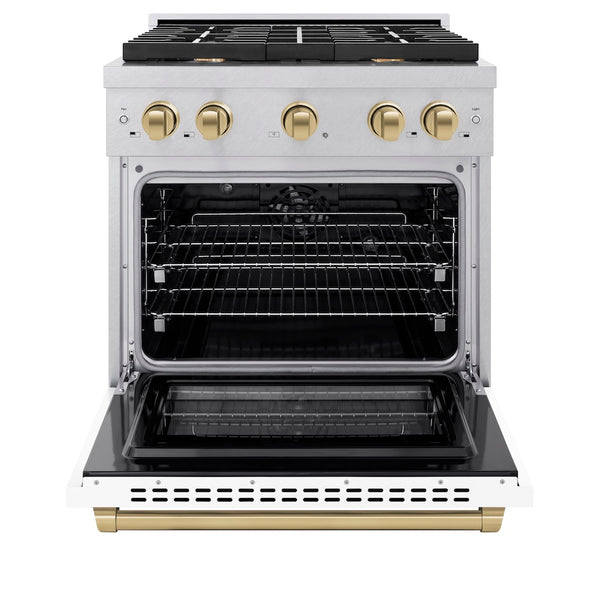 ZLINE Autograph Edition 30 in. 4.2 cu. ft. Paramount Dual Fuel Range with 4 Burner Gas Cooktop and Electric Convection Oven in Satin Stainless Steel with White Matte Door and Champagne Bronze Accents, Open Box-Great Condition