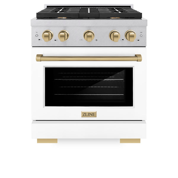 ZLINE Autograph Edition 30 in. 4.2 cu. ft. Paramount Dual Fuel Range with 4 Burner Gas Cooktop and Electric Convection Oven in Satin Stainless Steel with White Matte Door and Champagne Bronze Accents, Open Box-Great Condition