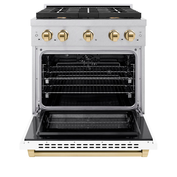 ZLINE Autograph Edition 30 in. 4.2 cu. ft. Paramount Dual Fuel Range with 4 Burner Gas Cooktop and Electric Convection Oven in Satin Stainless Steel with White Matte Door and Polished Gold Accents, Open Box-Great Condition