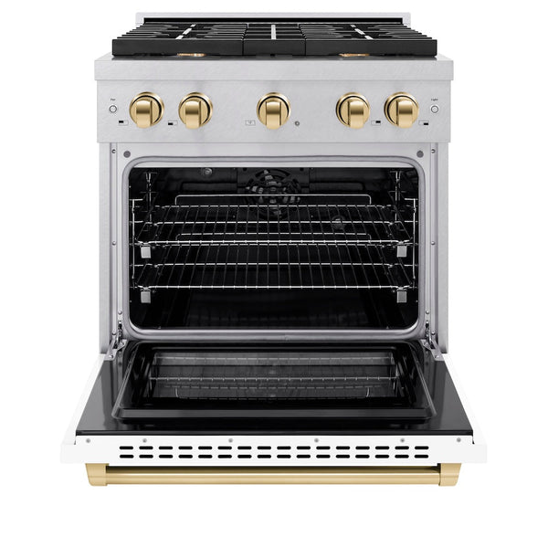 ZLINE Autograph Edition 30 in. 4.2 cu. ft. Paramount Dual Fuel Range with 4 Burner Gas Cooktop and Electric Convection Oven in Satin Stainless Steel with White Matte Door and Polished Gold Accents, Open Box-Good Condition