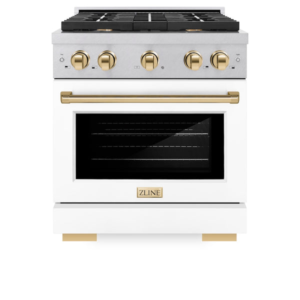 ZLINE Autograph Edition 30 in. 4.2 cu. ft. Paramount Dual Fuel Range with 4 Burner Gas Cooktop and Electric Convection Oven in Satin Stainless Steel with White Matte Door and Polished Gold Accents, Open Box-Great Condition