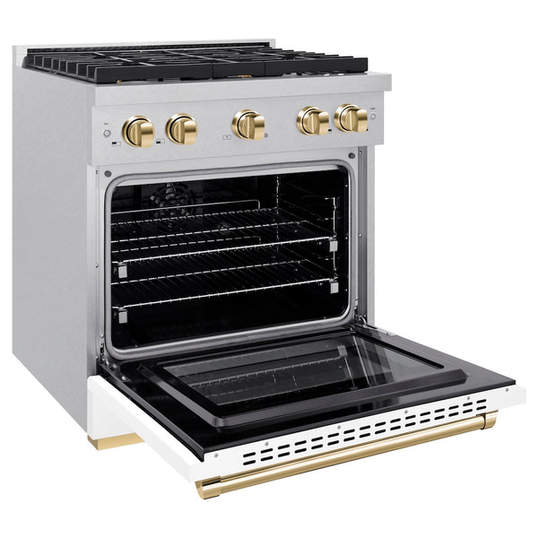 ZLINE Autograph Edition 30 in. 4.2 cu. ft. Paramount Dual Fuel Range with 4 Burner Gas Cooktop and Electric Convection Oven in Satin Stainless Steel with White Matte Door and Polished Gold Accents, Open Box-Great Condition