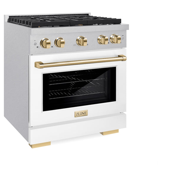 ZLINE Autograph Edition 30 in. 4.2 cu. ft. Paramount Dual Fuel Range with 4 Burner Gas Cooktop and Electric Convection Oven in Satin Stainless Steel with White Matte Door and Polished Gold Accents, Open Box-Great Condition