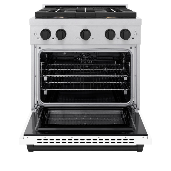 ZLINE Autograph Edition 30 in. 4.2 cu. ft. Paramount Dual Fuel Range with 4 Burner Gas Cooktop and Electric Convection Oven in Satin Stainless Steel with White Matte Door and Matte Black Accents (SDRSZ-WM-30-MB)