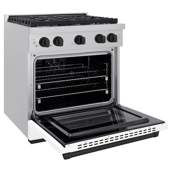ZLINE Autograph Edition 30 in. 4.2 cu. ft. Paramount Dual Fuel Range with 4 Burner Gas Cooktop and Electric Convection Oven in Satin Stainless Steel with White Matte Door and Matte Black Accents, Open Box-Good Condition