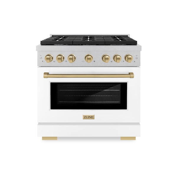 ZLINE Autograph Edition 36 in. 5.2 cu. ft. Paramount Dual Fuel Range with 6 Burner Gas Cooktop and Electric Convection Oven in Satin Stainless Steel with White Matte Door and Champagne Bronze Accents, Open Box-Great Condition