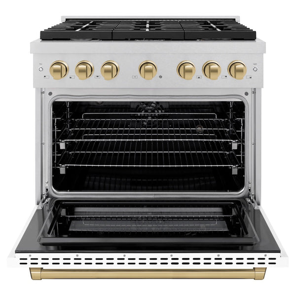 ZLINE Autograph Edition 36 in. 5.2 cu. ft. Paramount Dual Fuel Range with 6 Burner Gas Cooktop and Electric Convection Oven in Satin Stainless Steel with White Matte Door and Champagne Bronze Accents, Open Box-Good Condition