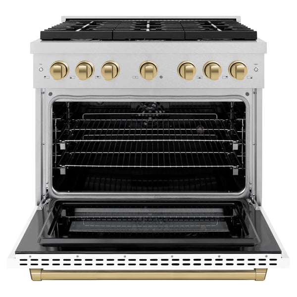 ZLINE Autograph Edition 36 in. 5.2 cu. ft. Paramount Dual Fuel Range with 6 Burner Gas Cooktop and Electric Convection Oven in Satin Stainless Steel with White Matte Door and Champagne Bronze Accents (SDRSZ-WM-36-CB)