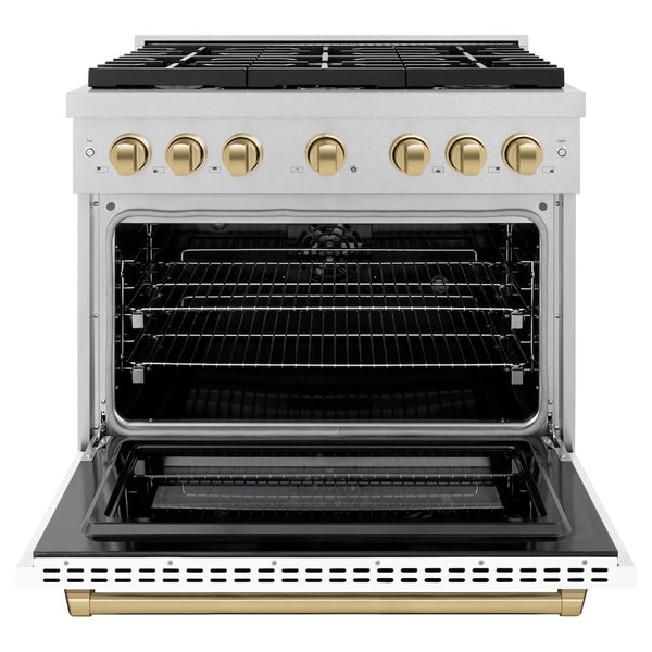 ZLINE Autograph Edition 36 in. 5.2 cu. ft. Paramount Dual Fuel Range with 6 Burner Gas Cooktop and Electric Convection Oven in Satin Stainless Steel with White Matte Door and Champagne Bronze Accents, Open Box-Great Condition