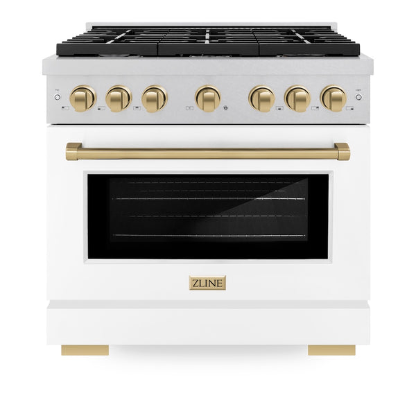 ZLINE Autograph Edition 36 in. 5.2 cu. ft. Paramount Dual Fuel Range with 6 Burner Gas Cooktop and Electric Convection Oven in Satin Stainless Steel with White Matte Door and Champagne Bronze Accents, Open Box-Great Condition