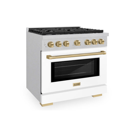 ZLINE Autograph Edition 36 in. 5.2 cu. ft. Paramount Dual Fuel Range with 6 Burner Gas Cooktop and Electric Convection Oven in Satin Stainless Steel with White Matte Door and Champagne Bronze Accents (SDRSZ-WM-36-CB)