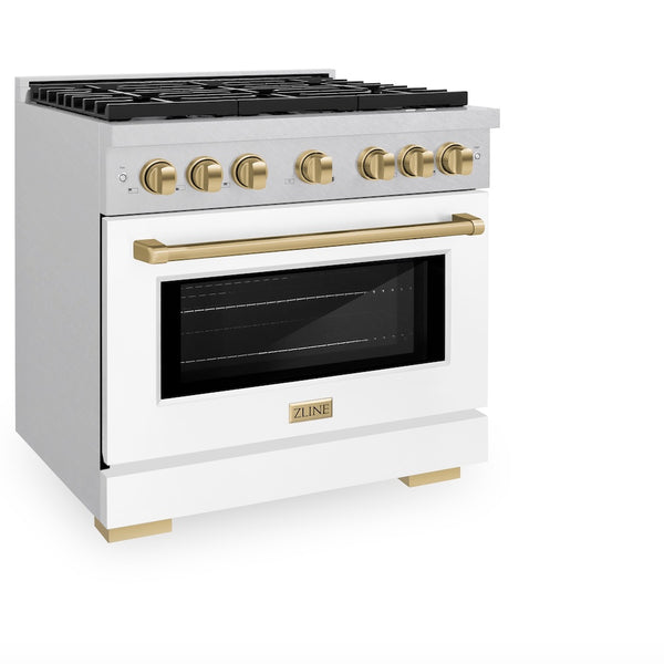 ZLINE Autograph Edition 36 in. 5.2 cu. ft. Paramount Dual Fuel Range with 6 Burner Gas Cooktop and Electric Convection Oven in Satin Stainless Steel with White Matte Door and Champagne Bronze Accents, Open Box-Great Condition