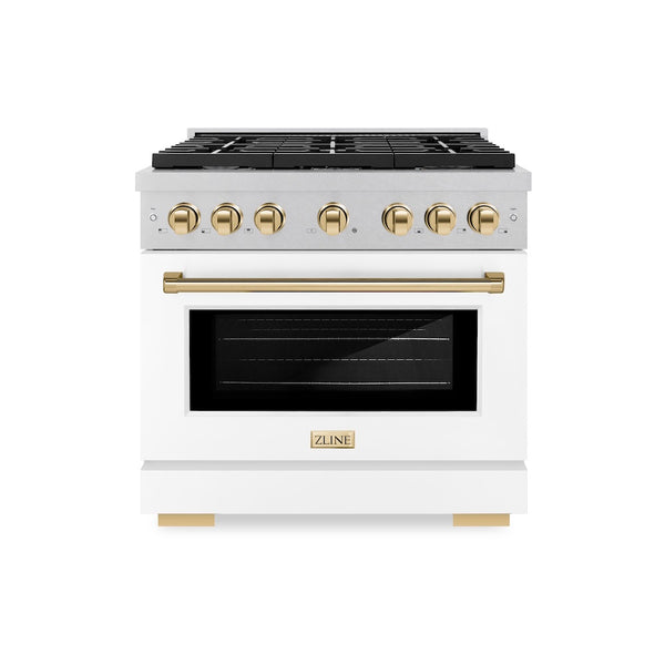 ZLINE Autograph Edition 36 in. 5.2 cu. ft. Paramount Dual Fuel Range with 6 Burner Gas Cooktop and Electric Convection Oven in Satin Stainless Steel with White Matte Door and Polished Gold Accents, Open Box-Great Condition