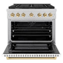 ZLINE Autograph Edition 36 in. 5.2 cu. ft. Paramount Dual Fuel Range with 6 Burner Gas Cooktop and Electric Convection Oven in Satin Stainless Steel with White Matte Door and Polished Gold Accents, Open Box-Good Condition