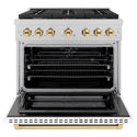 ZLINE Autograph Edition 36 in. 5.2 cu. ft. Paramount Dual Fuel Range with 6 Burner Gas Cooktop and Electric Convection Oven in Satin Stainless Steel with White Matte Door and Polished Gold Accents, Open Box-Great Condition