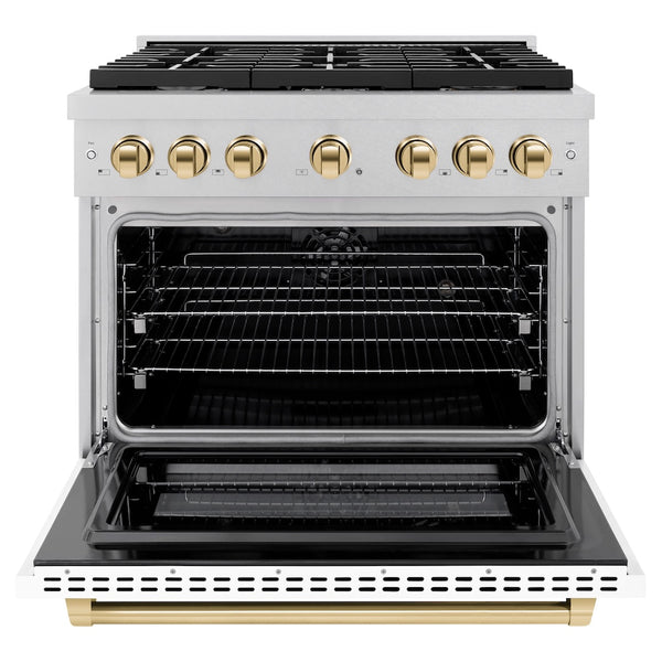 ZLINE Autograph Edition 36 in. 5.2 cu. ft. Paramount Dual Fuel Range with 6 Burner Gas Cooktop and Electric Convection Oven in Satin Stainless Steel with White Matte Door and Polished Gold Accents, Open Box-Great Condition