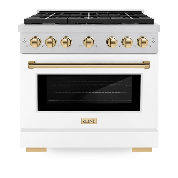 ZLINE Autograph Edition 36 in. 5.2 cu. ft. Paramount Dual Fuel Range with 6 Burner Gas Cooktop and Electric Convection Oven in Satin Stainless Steel with White Matte Door and Polished Gold Accents, Open Box-Great Condition