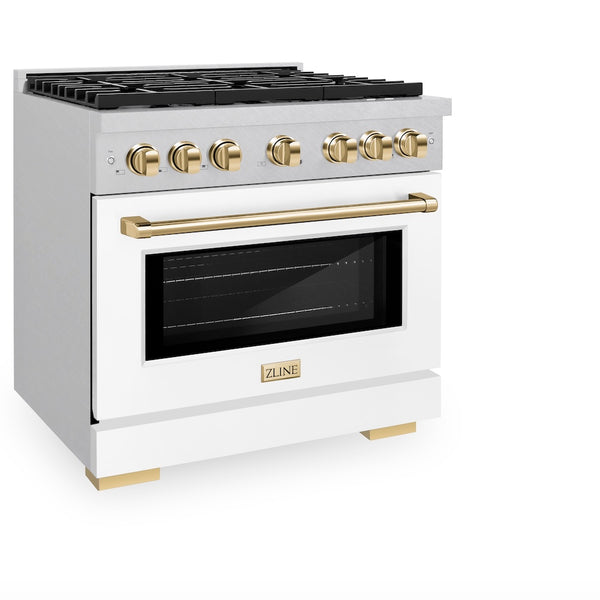 ZLINE Autograph Edition 36 in. 5.2 cu. ft. Paramount Dual Fuel Range with 6 Burner Gas Cooktop and Electric Convection Oven in Satin Stainless Steel with White Matte Door and Polished Gold Accents, Open Box-Great Condition