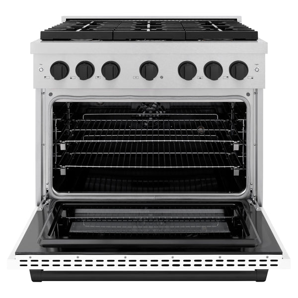 ZLINE Autograph Edition 36 in. 5.2 cu. ft. Paramount Dual Fuel Range with 6 Burner Gas Cooktop and Electric Convection Oven in Satin Stainless Steel with White Matte Door and Matte Black Accents (SDRSZ-WM-36-MB)