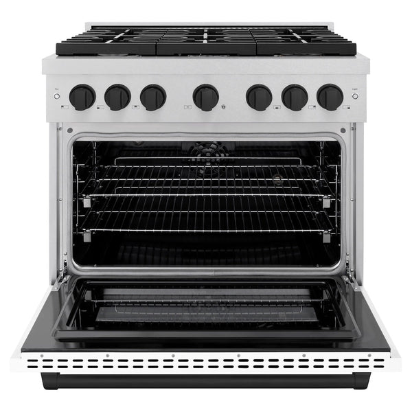 ZLINE Autograph Edition 36 in. 5.2 cu. ft. Paramount Dual Fuel Range with 6 Burner Gas Cooktop and Electric Convection Oven in Satin Stainless Steel with White Matte Door and Matte Black Accents, Open Box-Good Condition