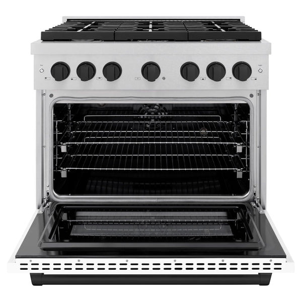 ZLINE Autograph Edition 36 in. 5.2 cu. ft. Paramount Dual Fuel Range with 6 Burner Gas Cooktop and Electric Convection Oven in Satin Stainless Steel with White Matte Door and Matte Black Accents, Open Box-Great Condition