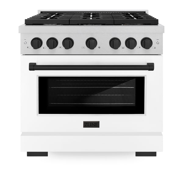 ZLINE Autograph Edition 36 in. 5.2 cu. ft. Paramount Dual Fuel Range with 6 Burner Gas Cooktop and Electric Convection Oven in Satin Stainless Steel with White Matte Door and Matte Black Accents (SDRSZ-WM-36-MB)