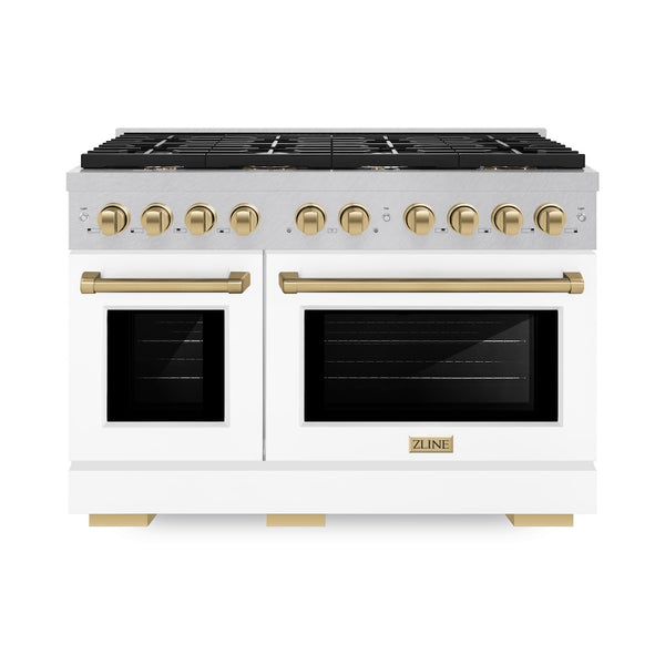 ZLINE Autograph Edition 48 in. 6.7 cu. ft. Paramount Double Oven Dual Fuel Range with 8 Burner Gas Cooktop in Satin Stainless Steel with White Matte Doors and Champagne Bronze Accents, Open Box-Great Condition