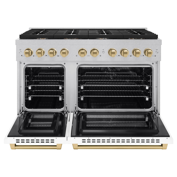 ZLINE Autograph Edition 48 in. 6.7 cu. ft. Paramount Double Oven Dual Fuel Range with 8 Burner Gas Cooktop in Satin Stainless Steel with White Matte Doors and Champagne Bronze Accents, Open Box-Great Condition