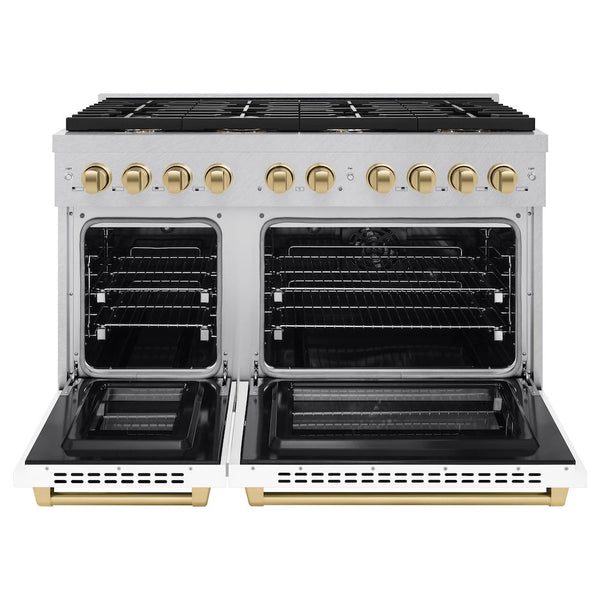 ZLINE Autograph Edition 48 in. 6.7 cu. ft. Paramount Double Oven Dual Fuel Range with 8 Burner Gas Cooktop in Satin Stainless Steel with White Matte Doors and Champagne Bronze Accents, Open Box-Good Condition