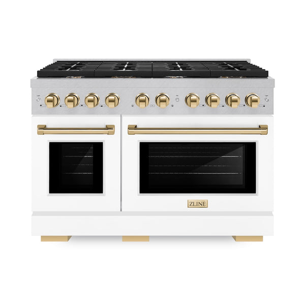 ZLINE Autograph Edition 48 in. 6.7 cu. ft. Paramount Double Oven Dual Fuel Range with 8 Burner Gas Cooktop in Satin Stainless Steel with White Matte Doors and Polished Gold Accents, Open Box-Great Condition