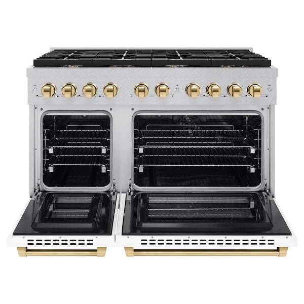 ZLINE Autograph Edition 48 in. 6.7 cu. ft. Paramount Double Oven Dual Fuel Range with 8 Burner Gas Cooktop in Satin Stainless Steel with White Matte Doors and Polished Gold Accents, Open Box-Good Condition