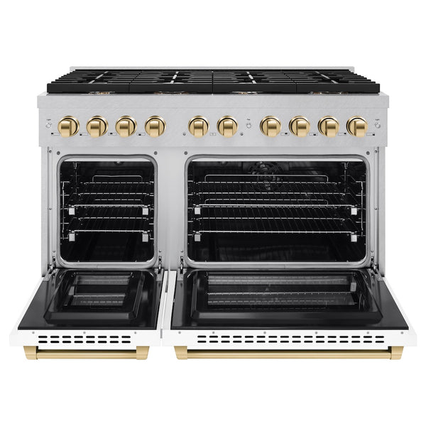 ZLINE Autograph Edition 48 in. 6.7 cu. ft. Paramount Double Oven Dual Fuel Range with 8 Burner Gas Cooktop in Satin Stainless Steel with White Matte Doors and Polished Gold Accents, Open Box-Great Condition