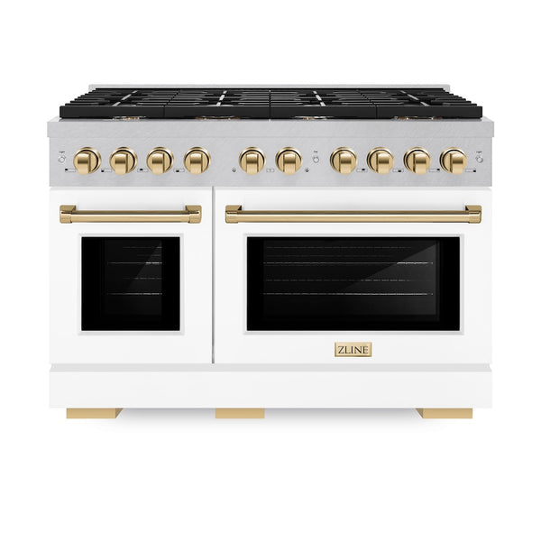 ZLINE Autograph Edition 48 in. 6.7 cu. ft. Paramount Double Oven Dual Fuel Range with 8 Burner Gas Cooktop in Satin Stainless Steel with White Matte Doors and Polished Gold Accents, Open Box-Great Condition