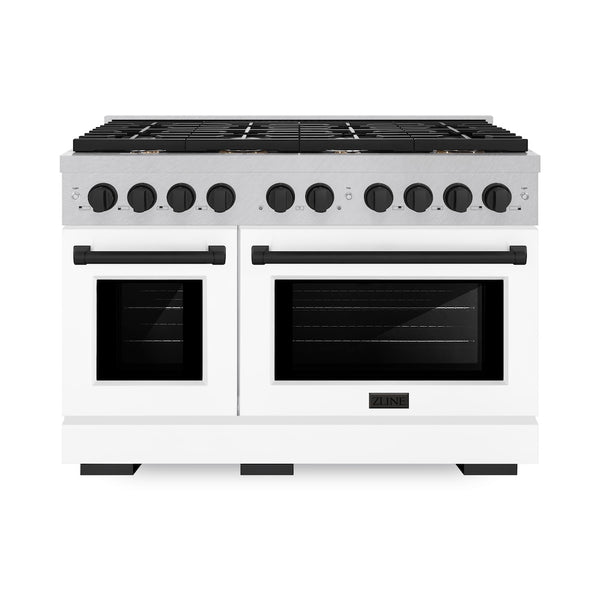 ZLINE Autograph Edition 48 in. 6.7 cu. ft. Paramount Double Oven Dual Fuel Range with 8 Burner Gas Cooktop in Satin Stainless Steel with White Matte Doors and Matte Black Accents, Open Box-Great Condition