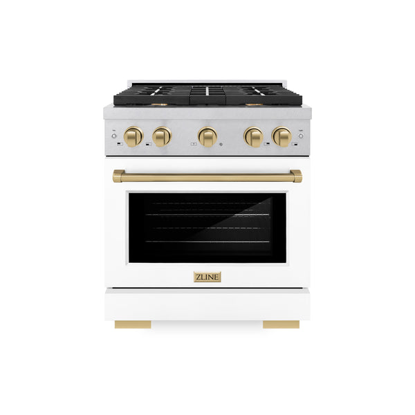 ZLINE Autograph Edition 30 in. 4.2 cu. ft. Paramount Gas Range with 4 Burner Cooktop and Convection Gas Oven in Satin Stainless Steel with White Matte Door and Polished Gold Accents, Open Box-Great Condition