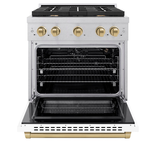 ZLINE Autograph Edition 30 in. 4.2 cu. ft. Paramount Gas Range with 4 Burner Cooktop and Convection Gas Oven in Satin Stainless Steel with White Matte Door and Champagne Bronze Accents, Open Box-Good Condition