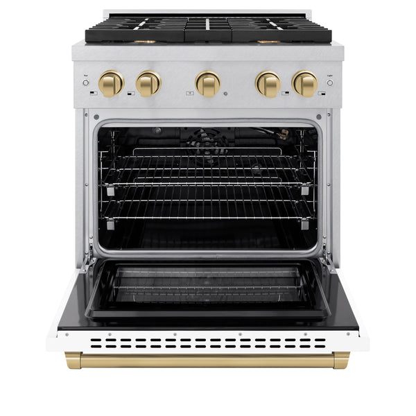 ZLINE Autograph Edition 30 in. 4.2 cu. ft. Paramount Gas Range with 4 Burner Cooktop and Convection Gas Oven in Satin Stainless Steel with White Matte Door and Champagne Bronze Accents (SGRSZ-WM-30-CB)