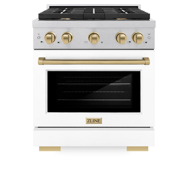 ZLINE Autograph Edition 30 in. 4.2 cu. ft. Paramount Gas Range with 4 Burner Cooktop and Convection Gas Oven in Satin Stainless Steel with White Matte Door and Champagne Bronze Accents, Open Box-Great Condition