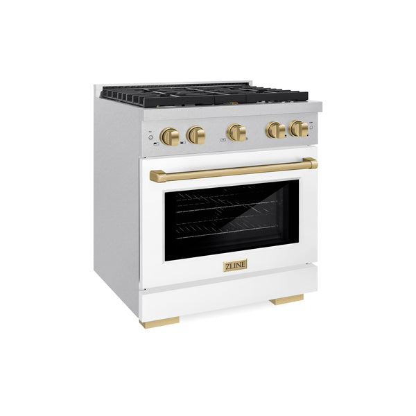 ZLINE Autograph Edition 30 in. 4.2 cu. ft. Paramount Gas Range with 4 Burner Cooktop and Convection Gas Oven in Satin Stainless Steel with White Matte Door and Champagne Bronze Accents (SGRSZ-WM-30-CB)
