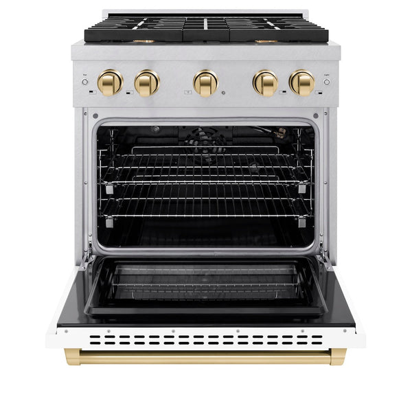 ZLINE Autograph Edition 30 in. 4.2 cu. ft. Paramount Gas Range with 4 Burner Cooktop and Convection Gas Oven in Satin Stainless Steel with White Matte Door and Polished Gold Accents, Open Box-Good Condition