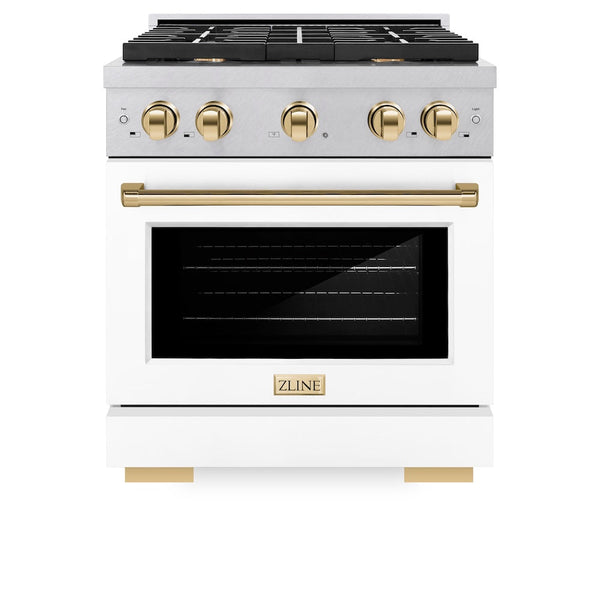 ZLINE Autograph Edition 30 in. 4.2 cu. ft. Paramount Gas Range with 4 Burner Cooktop and Convection Gas Oven in Satin Stainless Steel with White Matte Door and Polished Gold Accents, Open Box-Good Condition