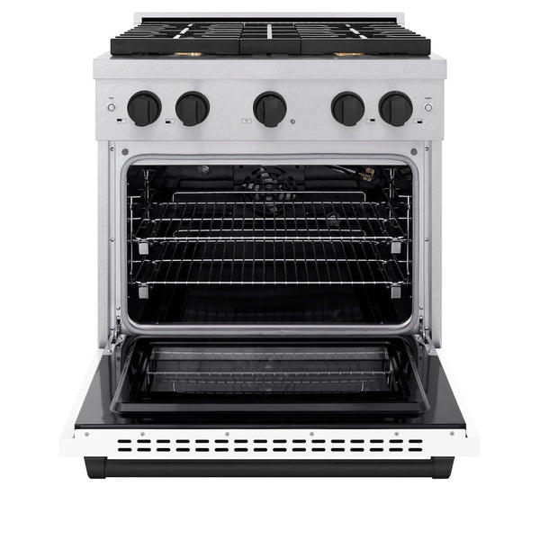 ZLINE Autograph Edition 30 in. 4.2 cu. ft. Paramount Gas Range with 4 Burner Cooktop and Convection Gas Oven in Satin Stainless Steel with White Matte Door and Matte Black Accents, Open Box-Good Condition