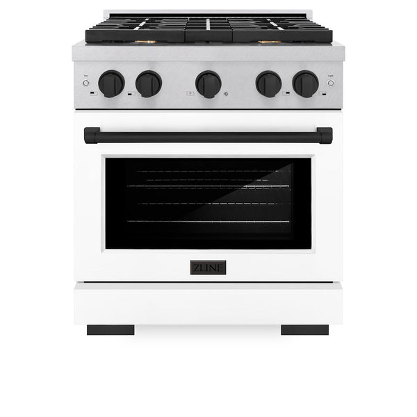 ZLINE Autograph Edition 30 in. 4.2 cu. ft. Paramount Gas Range with 4 Burner Cooktop and Convection Gas Oven in Satin Stainless Steel with White Matte Door and Matte Black Accents, Open Box-Good Condition