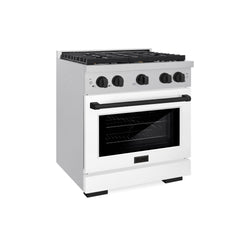 ZLINE Autograph Edition 30 in. 4.2 cu. ft. Paramount Gas Range with 4 Burner Cooktop and Convection Gas Oven in Satin Stainless Steel with White Matte Door and Matte Black Accents (SGRSZ-WM-30-MB)