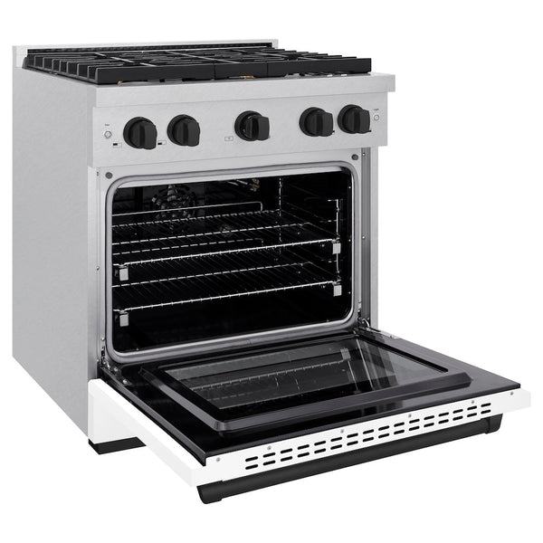 ZLINE Autograph Edition 30 in. 4.2 cu. ft. Paramount Gas Range with 4 Burner Cooktop and Convection Gas Oven in Satin Stainless Steel with White Matte Door and Matte Black Accents, Open Box-Good Condition