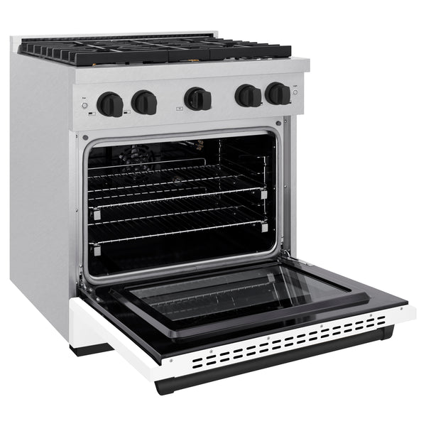 ZLINE Autograph Edition 30 in. 4.2 cu. ft. Paramount Gas Range with 4 Burner Cooktop and Convection Gas Oven in Satin Stainless Steel with White Matte Door and Matte Black Accents (SGRSZ-WM-30-MB)