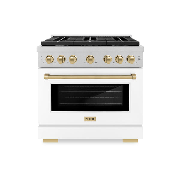 ZLINE Autograph Edition 36 in. 5.2 cu. ft. Paramount Gas Range with 6 Burner Cooktop and Convection Gas Oven in Satin Stainless Steel with White Matte Door and Champagne Bronze Accents, Open Box-Great Condition