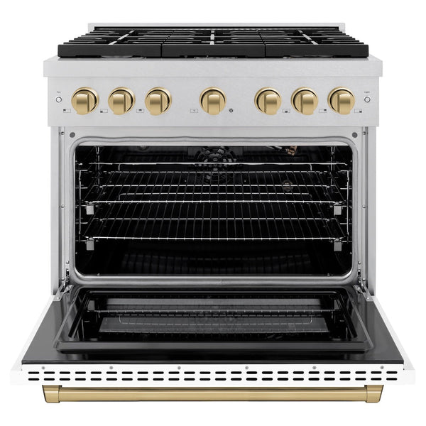 ZLINE Autograph Edition 36 in. 5.2 cu. ft. Paramount Gas Range with 6 Burner Cooktop and Convection Gas Oven in Satin Stainless Steel with White Matte Door and Champagne Bronze Accents, Open Box-Good Condition