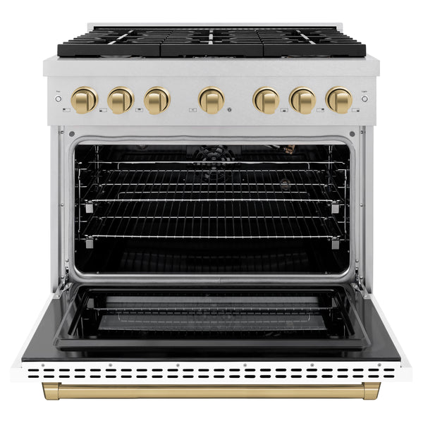 ZLINE Autograph Edition 36 in. 5.2 cu. ft. Paramount Gas Range with 6 Burner Cooktop and Convection Gas Oven in Satin Stainless Steel with White Matte Door and Champagne Bronze Accents, Open Box-Great Condition