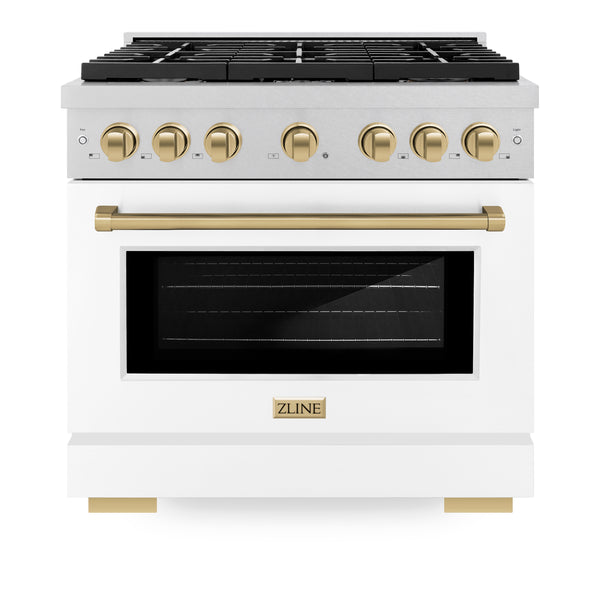 ZLINE Autograph Edition 36 in. 5.2 cu. ft. Paramount Gas Range with 6 Burner Cooktop and Convection Gas Oven in Satin Stainless Steel with White Matte Door and Champagne Bronze Accents, Open Box-Great Condition